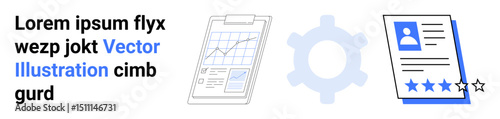 Clipboard with graph, gear illustration, user rating document with distinct four-star highlight. Ideal for data analysis, workflow management, performance review, professional profile, usability