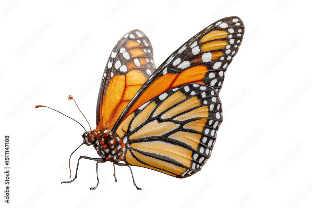 Obraz premium PNG Monarch butterfly on black background with vibrant orange and white patterns