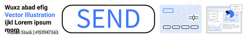 Highlighted SEND email button, mini-interface elements, and analytics data visualization. Ideal for email campaigns, data analysis, communication, dashboards, UX design, statistics simple landing