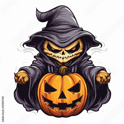 Illustration of a Halloween pumpkin in a death costume for spooky celebrations