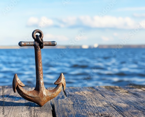 Anchoring serenity a rusty anchor on a tranquil waterfront