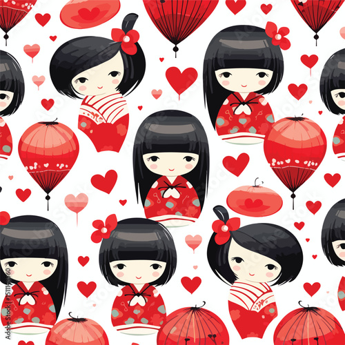 Japanese Kokeshi Doll on Cute Hearts Background Vector Illustration for Designs