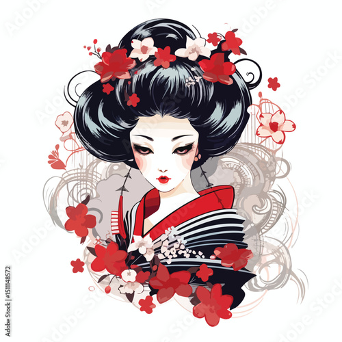 Traditional Kokeshi Doll and Geisha Decorative Sketch Vector Illustration