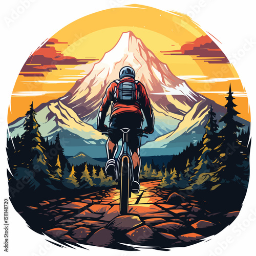Professional Cyclist Riding Bike with Mountain Scenery Background Design