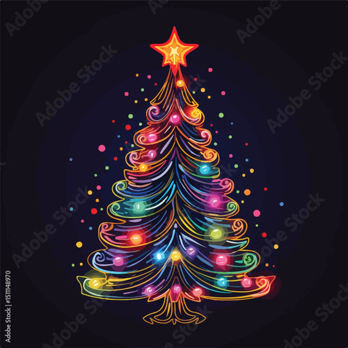 Festive Merry Christmas Card Neon Lights Vector Illustration for Greeting Seasonal Messages