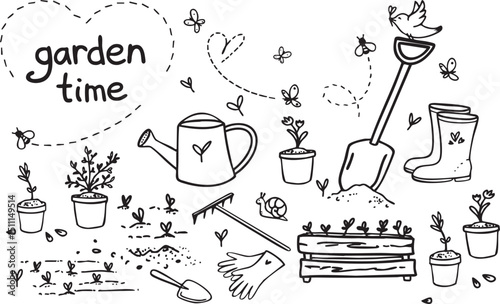 Cute hand-drawn black and white gardening doodle set. Includes watering can, shovel, rake, gloves, potted plants, sprouts, boots, snail, bird, and “garden time” text. 