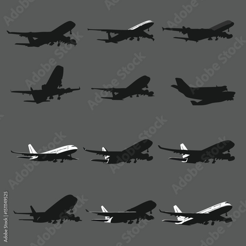 airplane silhouette set, Black silhouette