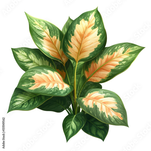 Elegant leafy plant with green and light orange colors isolated on transparent backdrop photo