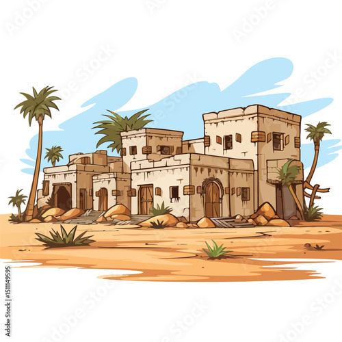 Detailed Oriental Antique Aged Desert Buildings Cartoon Vector Illustration