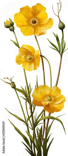Blooming buttercup flower isolated on a transparent background. Vintage painting style illustration.