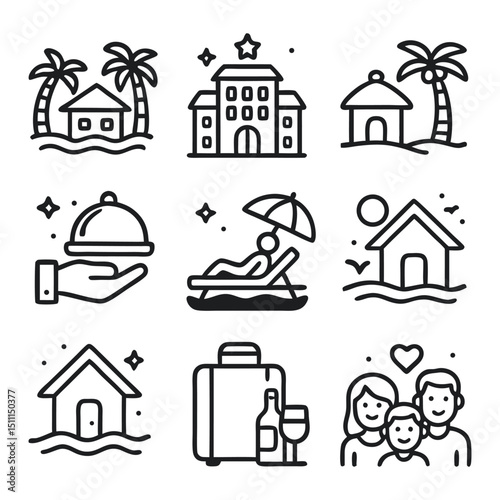 Nine black and white line icons related to vacation, perfect for travelthemed designs, website graphics, or holidayrelated projects.