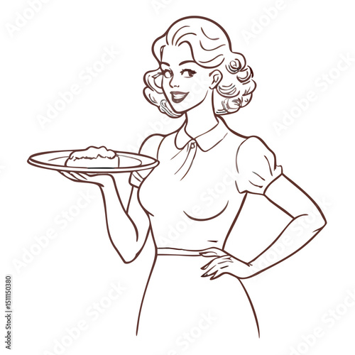 Woman Holding a Plate of Food in a Hand-Drawn Retro Comic Style From the Mid-20th Century