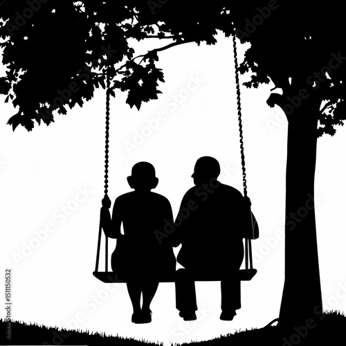 Elderly Couple Enjoys Moment on Swing Under Tree at Sunset in Tranquil Garden Setting