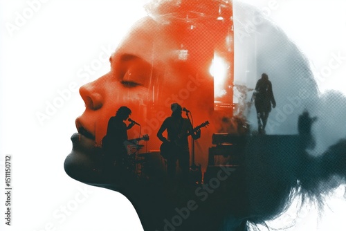 Double Exposure of a woman silhouette and a Concert. Music and Portrait.