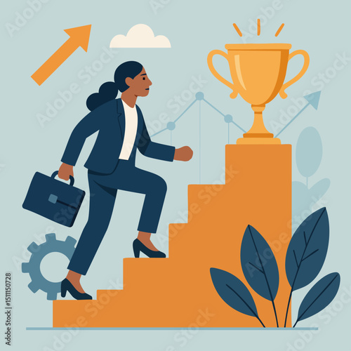 Empowered Businesswoman Ascending the Stairs to Success, Symbolized by a Trophy and Growth Charts in a Modern Flat Vector Illustration