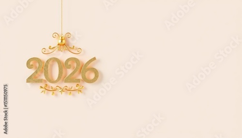 Elegantly designed golden 2026 new year ornament against light backdrop