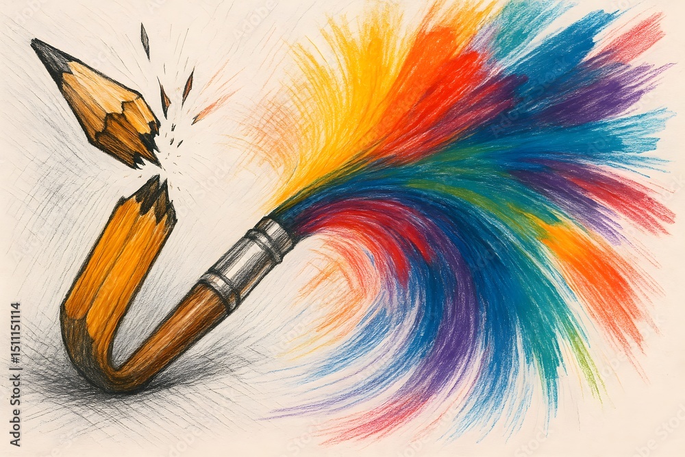 Naklejka premium Pencil Morphing Into Colorful Paintbrush – Creative Transformation Concept