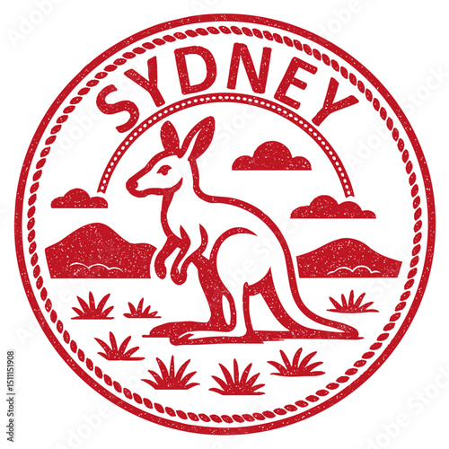 Sydney, Australia stamp with kangaroo illustration, vintage travel stamp on transparent background, vector red