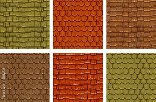 Six seamless cartoon roof tile patterns in various shades of brown, orange, and green, perfect for game backgrounds or architectural illustrations