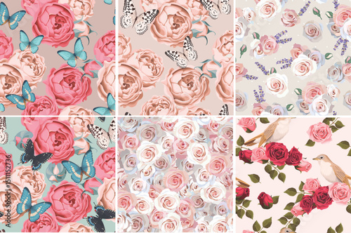 Six seamless patterns featuring vintage roses, butterflies, and birds in soft pastel colors, perfect for fabric, wallpaper, or scrapbooking