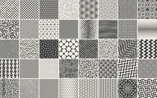 A comprehensive collection of 40 diverse black and white seamless geometric patterns, ideal for modern backgrounds, web design, or textile prints