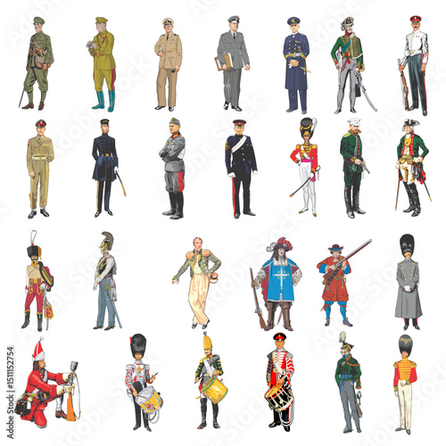 A diverse collection of historical military uniforms from various periods and nations, depicting soldiers, officers, and musicians in detailed attire