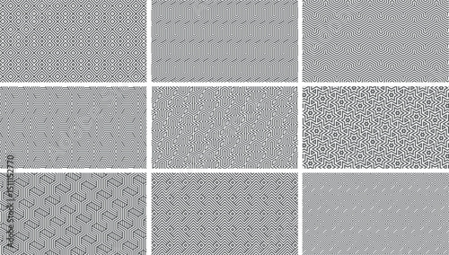A set of nine intricate black and white seamless geometric patterns, featuring various line art designs ideal for modern backgrounds, textures, or textile prints