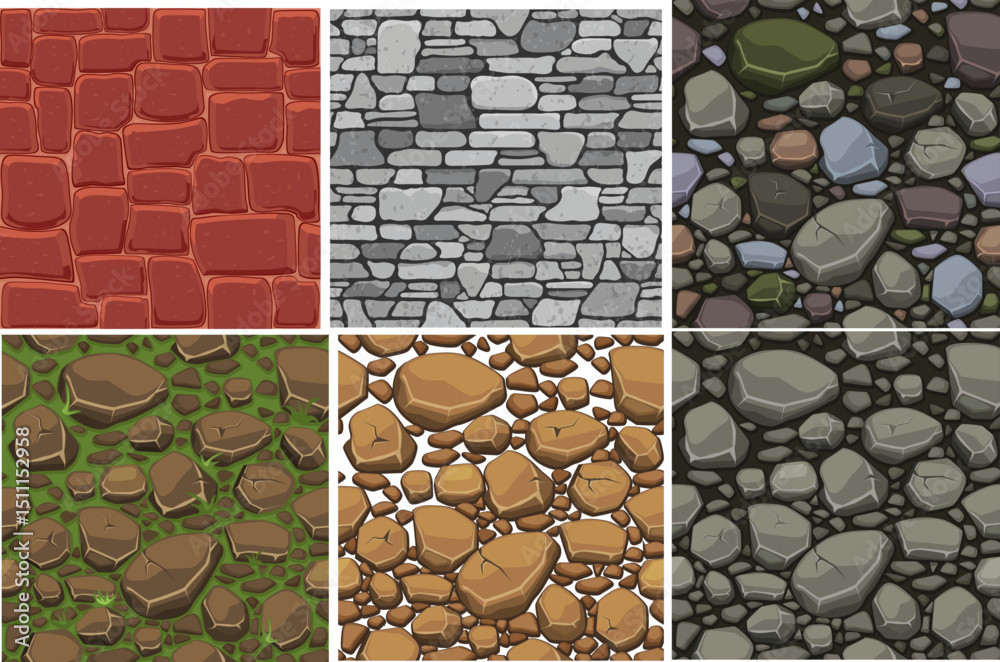 Six distinct seamless cartoon stone and rock patterns, perfect for game backgrounds, illustrations, or architectural textures in a playful style