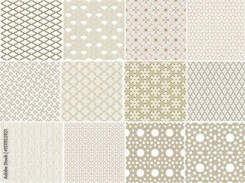 A collection of 12 elegant seamless geometric patterns in a subtle gold and white palette, featuring diverse intricate shapes, fans, and star motifs for sophisticated designs