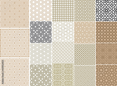 A comprehensive collection of 20 seamless Islamic geometric patterns in various earthy tones and black and white, ideal for backgrounds, textiles, or cultural designs