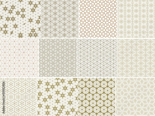 A collection of 12 elegant seamless geometric patterns in a subtle gold and white palette, featuring intricate shapes and floral motifs for sophisticated designs