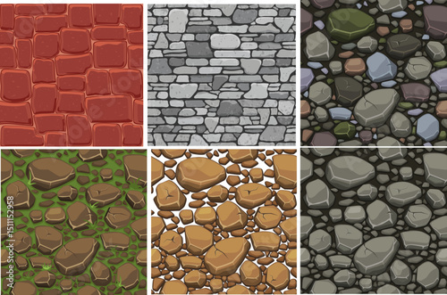 Six distinct seamless cartoon stone and rock patterns, perfect for game backgrounds, illustrations, or architectural textures in a playful style