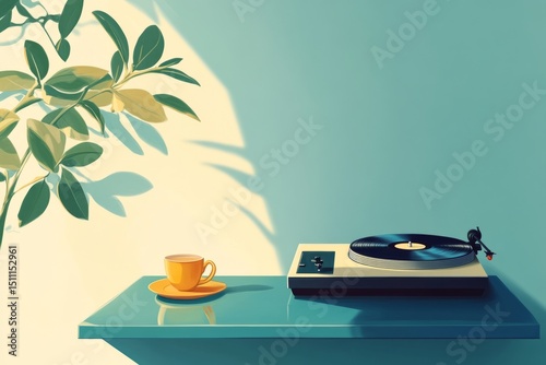 Cozy scene.Lofi background.Chill beats.Relaxing vibes.A minimalistic digital painting of a cozy loft space, soft shadows, a record player spinning, and a cup of coffee on the table