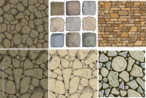 A collection of six seamless cartoon stone and rock patterns, along with individual rock tiles, ideal for game backgrounds, illustrations, or architectural textures