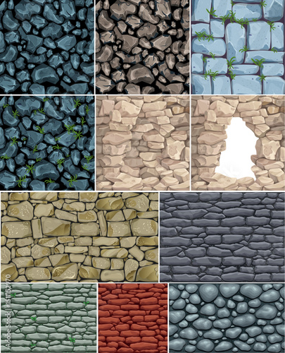 A comprehensive collection of 11 distinct seamless cartoon stone, rock, and brick patterns, ideal for game backgrounds, illustrations, or architectural textures