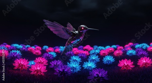 A vibrant hummingbird with glowing eyes hovering over colorful neon flowers in a dark, surreal landscape