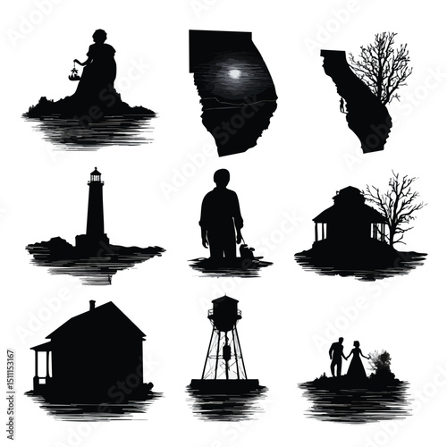 alabama state silhouette set, Black silhouette