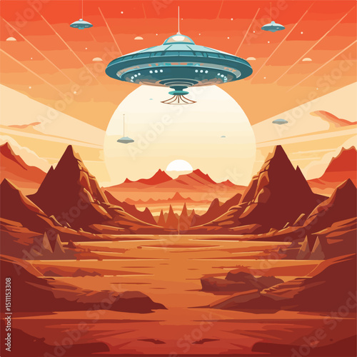 Futuristic UFO Spaceship Landing on Mars Vector Illustration for Science Fiction Designs