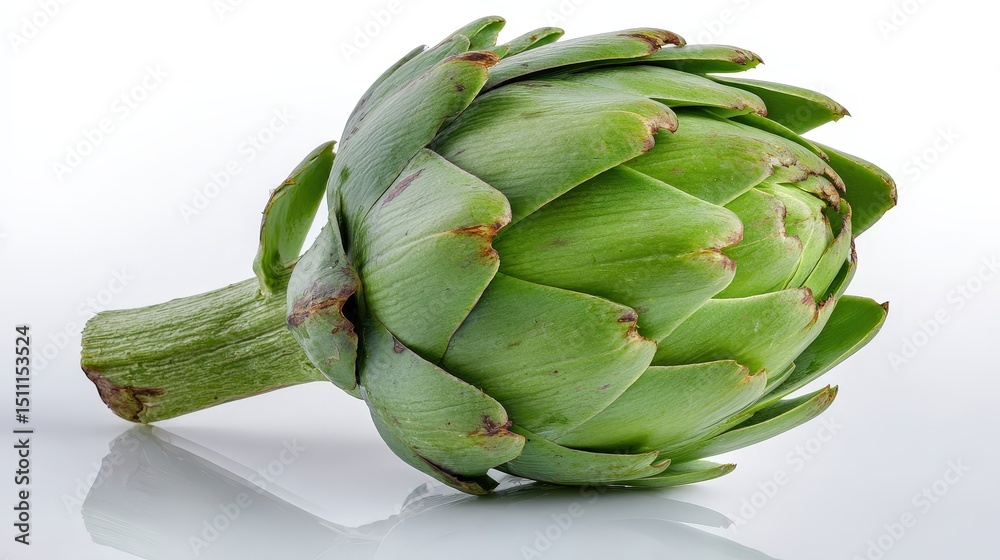 Fototapeta premium Single Whole Artichoke Lying Sideways on Glossy White Surface, Closeup View