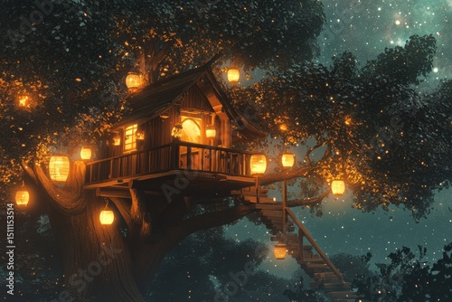 Relaxing aesthetic.Lofi wallpaper.Chill background.A fantasy-themed lo-fi illustration featuring a treehouse with lanterns glowing, warm wooden interiors, and a peaceful starry night