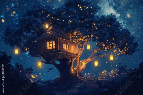 A fantasy-themed lo-fi illustration featuring a treehouse with lanterns glowing, warm wooden interiors, and a peaceful starry night.Lofi wallpaper.Chill background.Relaxing aesthetic.
