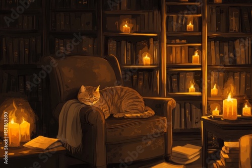 Lofi wallpaper.Chill background.Relaxing aesthetic.A cozy art-style lo-fi illustration of a library with warm lighting, a sleeping cat on a chair, open books, and candles on the shelves