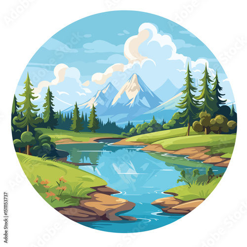 Professional Round Frame with Daytime Landscape on White Background for Designs