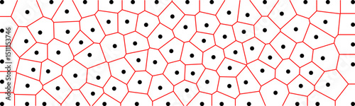 Voronoi diagram with red edges and black seed points, illustrating spatial partitioning into polygonal cells based on proximity to each seed point.


