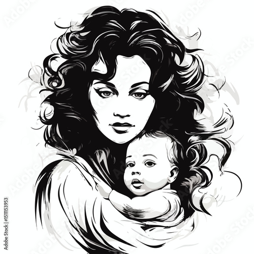 Professional Black and White Vector Illustration of Women and Child Avatar for Various Uses