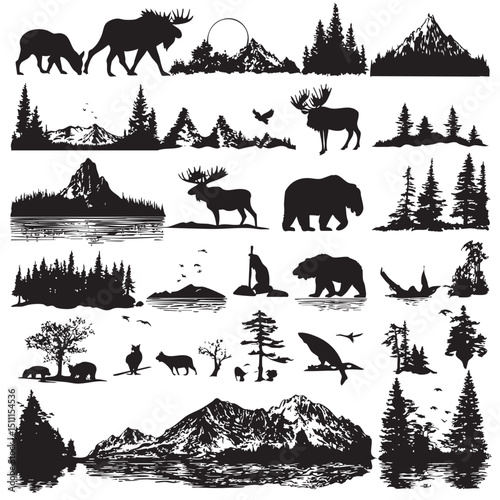 alaska silhouette set, Black silhouette
