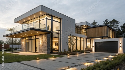 Modern Luxury Home Exterior with Landscaping and Architectural Lighting at Dusk
