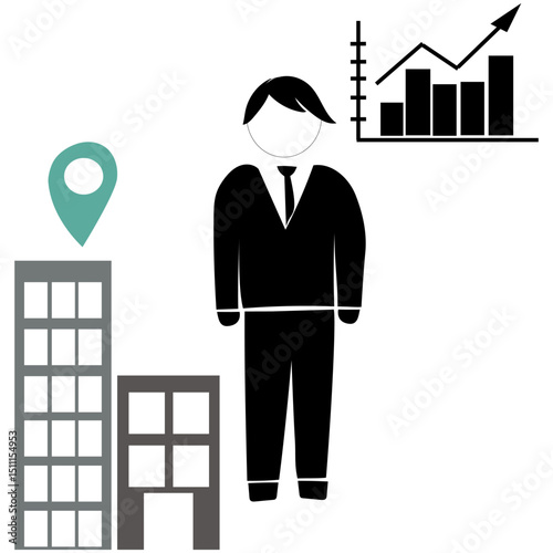 Businessman chart illustration. Teal pin detail. Black growth arrow. Vector concept.