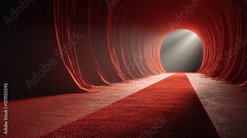 Red carpet splitting toward podium, soft light glowing from above 