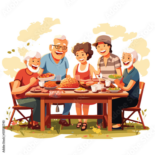 Family Picnic: Faceless Grandparents Enjoying Outdoor Barbecue Food at Table
